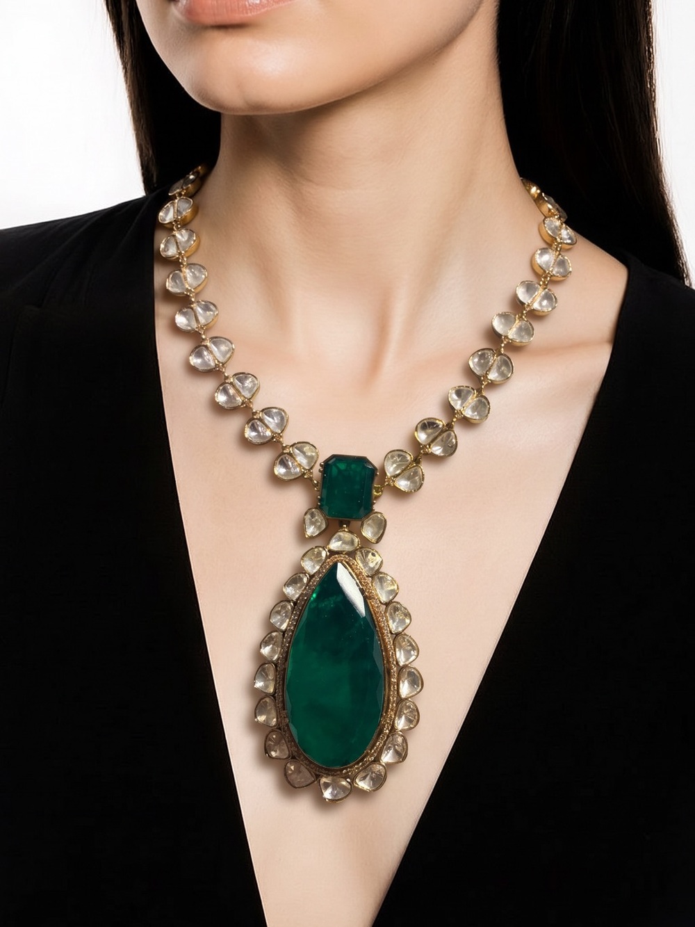Gold-Tone Necklace with Emerald Green jade Teardrop Pendant set- Women Jewelry